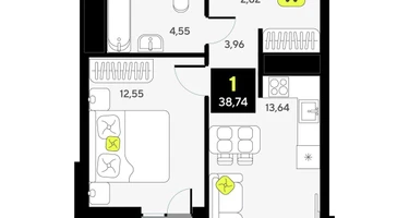1-к. квартира, 38&nbsp;м²