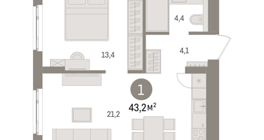 1-к. квартира, 43&nbsp;м²