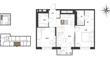 2-к. квартира, 56&nbsp;м²