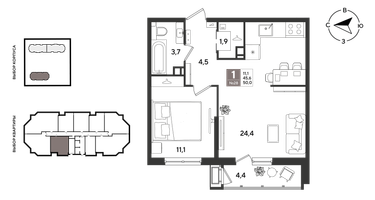 1-к. квартира, 49&nbsp;м²