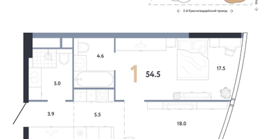 1-к. квартира, 54&nbsp;м²