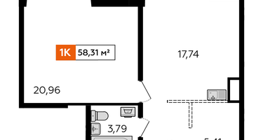 1-к. квартира, 58&nbsp;м²
