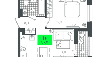 1-к. квартира, 37&nbsp;м²