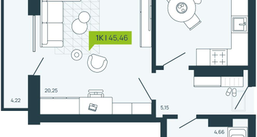 1-к. квартира, 45&nbsp;м²