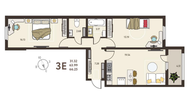 2-к. квартира, 66&nbsp;м²