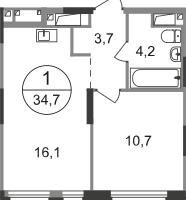 1-к. квартира, 34&nbsp;м²