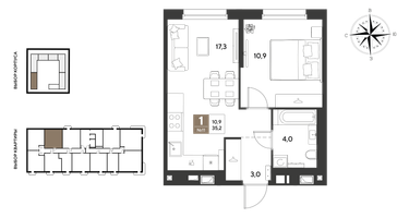 1-к. квартира, 35 м²