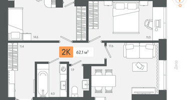 2-к. квартира, 62&nbsp;м²