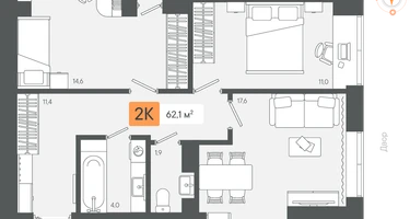 2-к. квартира, 62&nbsp;м²