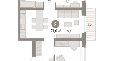 2-к. квартира, 71 м²