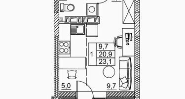 1-к. квартира, 23&nbsp;м²