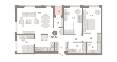 2-к. квартира, 118 м²