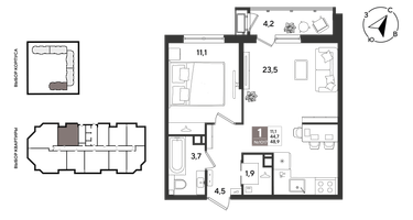 1-к. квартира, 48 м²