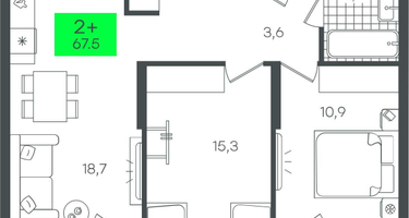 2-к. квартира, 67&nbsp;м²