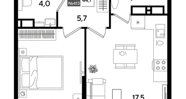 1-к. квартира, 44 м²