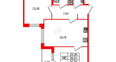 2-к. квартира, 57&nbsp;м²