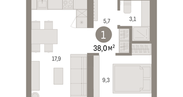 1-к. квартира, 38&nbsp;м²