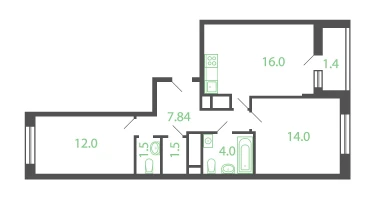 2-к. квартира, 58&nbsp;м²