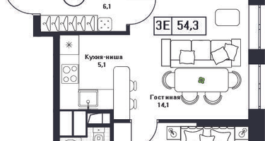 2-к. квартира, 54&nbsp;м²