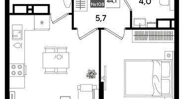 1-к. квартира, 43&nbsp;м²