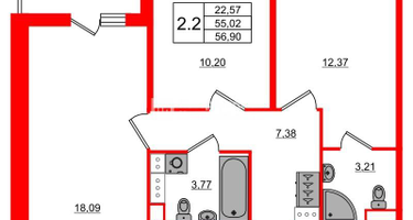 2-к. квартира, 55&nbsp;м²
