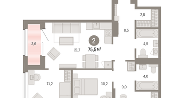 2-к. квартира, 75&nbsp;м²