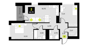2-к. квартира, 62 м²