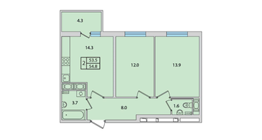 2-к. квартира, 54&nbsp;м²