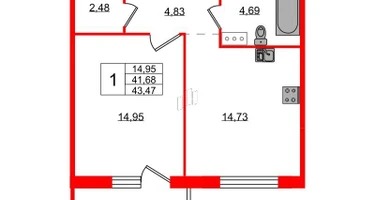 1-к. квартира, 43&nbsp;м²