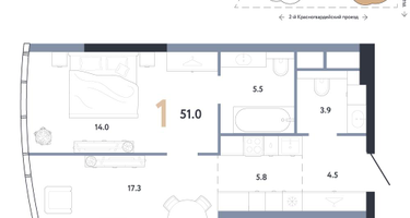 1-к. квартира, 51&nbsp;м²