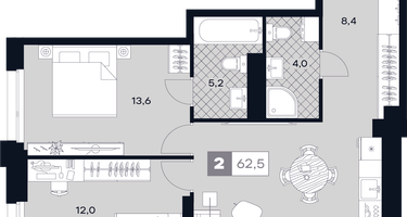 2-к. квартира, 62 м²