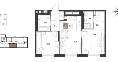 2-к. квартира, 53&nbsp;м²