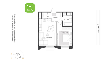 1-к. квартира, 43 м²