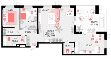 3-к. квартира, 106&nbsp;м²