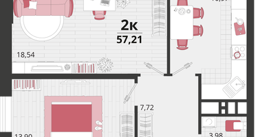 2-к. квартира, 57 м²