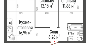 2-к. квартира, 54&nbsp;м²