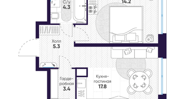 1-к. квартира, 45 м²