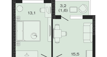 1-к. квартира, 39&nbsp;м²