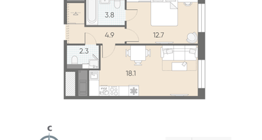 1-к. квартира, 41&nbsp;м²