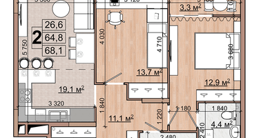 2-к. квартира, 68&nbsp;м²
