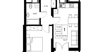 1-к. квартира, 46&nbsp;м²