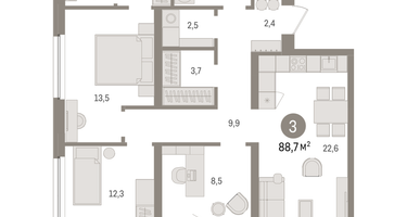3-к. квартира, 88&nbsp;м²