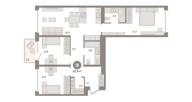 3-к. квартира, 92 м²