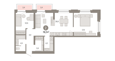 2-к. квартира, 78&nbsp;м²