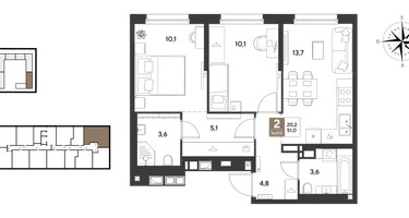 2-к. квартира, 51&nbsp;м²