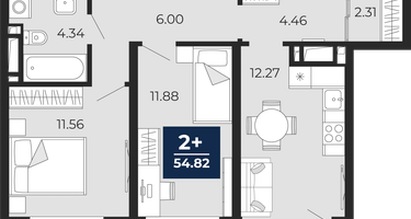 2-к. квартира, 52&nbsp;м²
