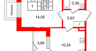 1-к. квартира, 31&nbsp;м²
