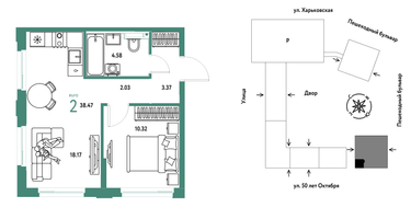 2-к. квартира, 38&nbsp;м²