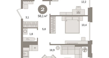 2-к. квартира, 56&nbsp;м²