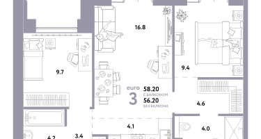 2-к. квартира, 58&nbsp;м²